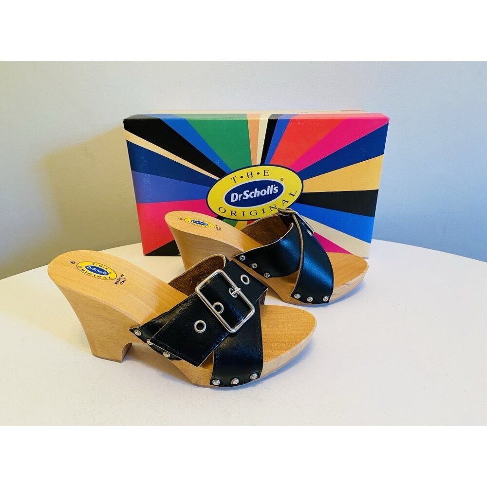 Dr Scholls Women Size 6 Wood High Heel Clog Sandal Black Leather New Italy